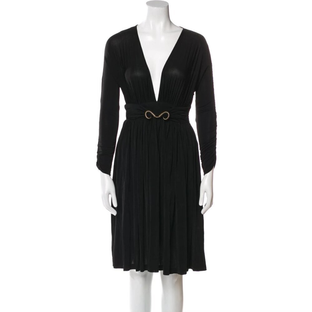 Just Cavalli V-Neck Ram Horn Buckle Waist Dress Black Womens Size 38
